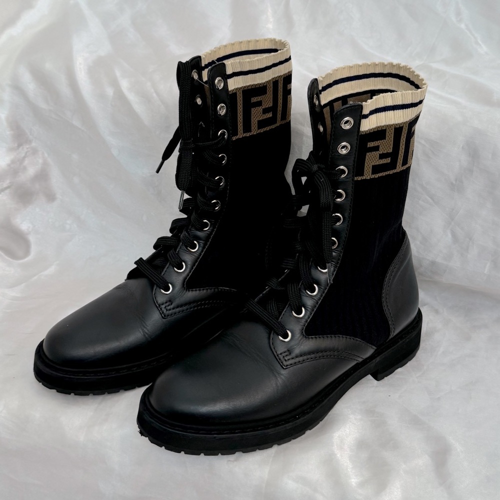 Fendi Rockoko Black leather biker boots with stretch fabric